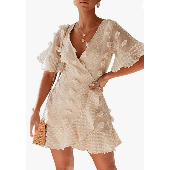 Indikah Cream Pom Pom Wrap Short Sleeve Dress Size Small NWOT - Picture 4 of 11